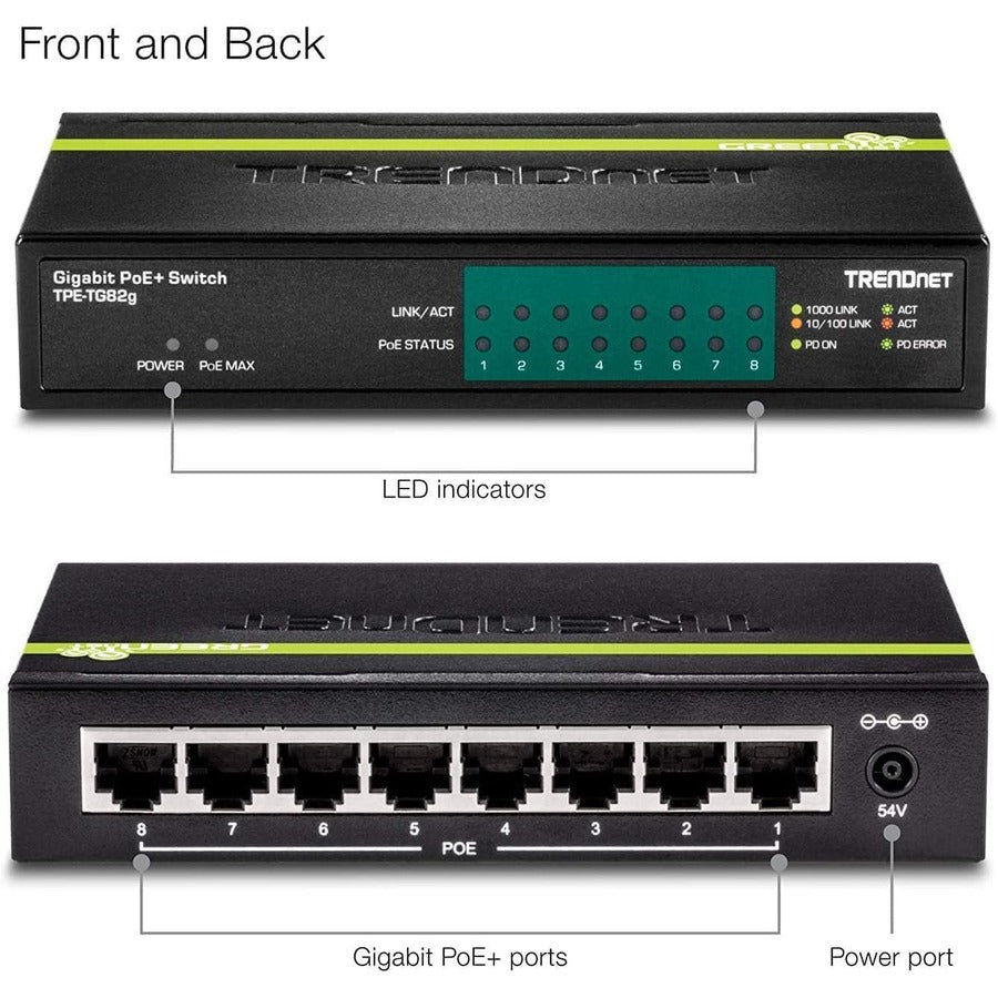 Alternate-Image7 Image for TRENDnet 8-Port GREENnet Gigabit PoE+ Switch, Supports PoE And PoE+ Devices, 61W PoE Budget, 16Gbps Switching Capacity, Data & Power Via Ethernet To PoE Access Points & IP Cameras, Black, TPE-TG82G