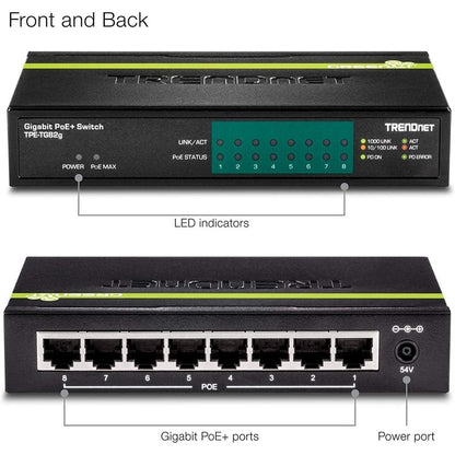 Alternate-Image7 Image for TRENDnet 8-Port GREENnet Gigabit PoE+ Switch, Supports PoE And PoE+ Devices, 61W PoE Budget, 16Gbps Switching Capacity, Data & Power Via Ethernet To PoE Access Points & IP Cameras, Black, TPE-TG82G