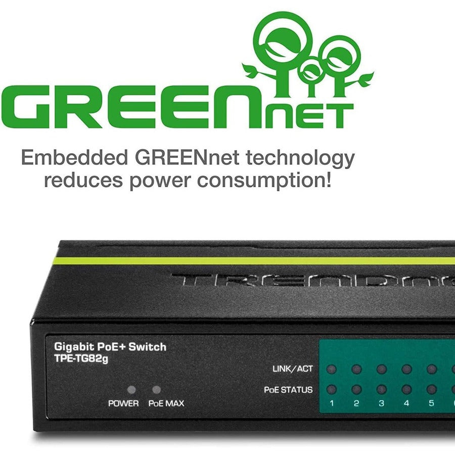 Alternate-Image6 Image for TRENDnet 8-Port GREENnet Gigabit PoE+ Switch, Supports PoE And PoE+ Devices, 61W PoE Budget, 16Gbps Switching Capacity, Data & Power Via Ethernet To PoE Access Points & IP Cameras, Black, TPE-TG82G
