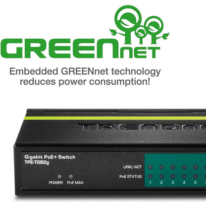 Alternate-Image6 Image for TRENDnet 8-Port GREENnet Gigabit PoE+ Switch, Supports PoE And PoE+ Devices, 61W PoE Budget, 16Gbps Switching Capacity, Data & Power Via Ethernet To PoE Access Points & IP Cameras, Black, TPE-TG82G