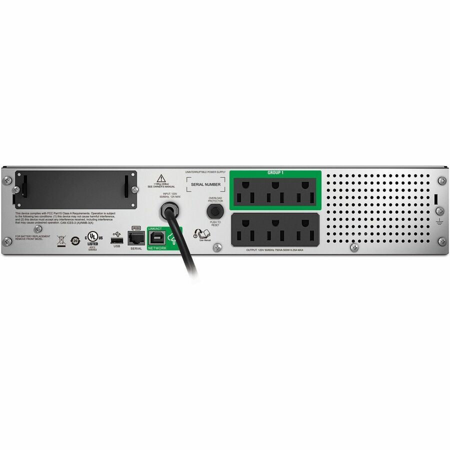 Rear Image for APC Smart-UPS, Line Interactive, 750VA, Rackmount 2U, 120V, 6x NEMA 5-15R outlets, SmartConnect Port+SmartSlot, AVR, LCD