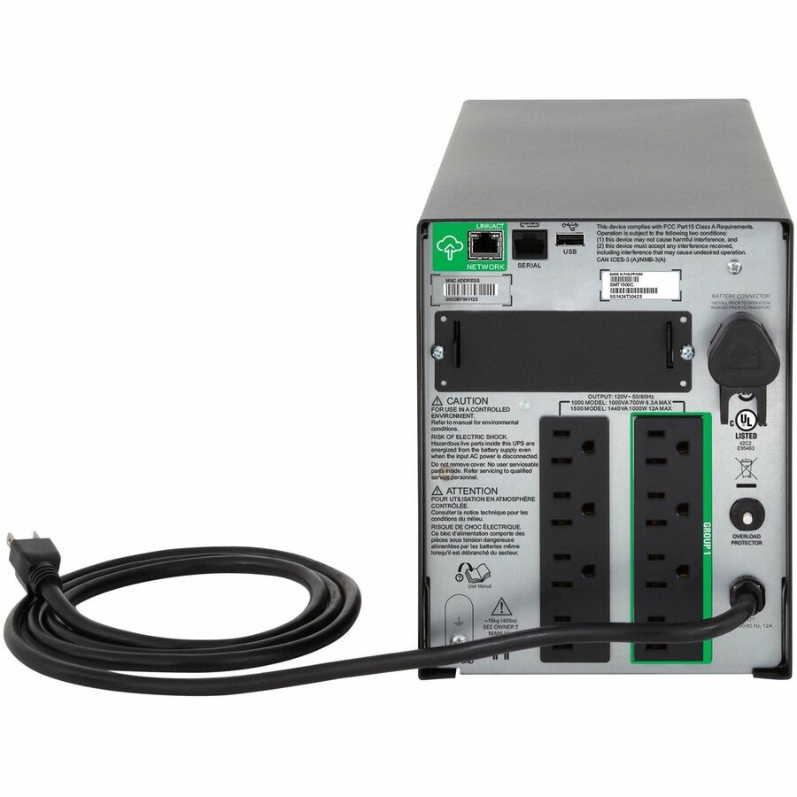 Rear Image for APC Smart-UPS, Line Interactive, 1000VA, Tower, 120V, 8x NEMA 5-15R outlets, SmartConnect Port+SmartSlot, AVR, LCD