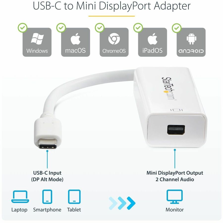 Alternate-Image2 Image for StarTech.com USB-C to Mini DisplayPort Adapter - 4K 60Hz - White - USB Type-C to Mini DP Adapter - Thunderbolt 3 Compatible