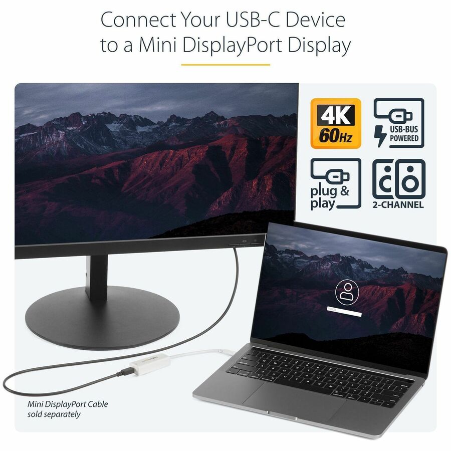 Alternate-Image1 Image for StarTech.com USB-C to Mini DisplayPort Adapter - 4K 60Hz - White - USB Type-C to Mini DP Adapter - Thunderbolt 3 Compatible