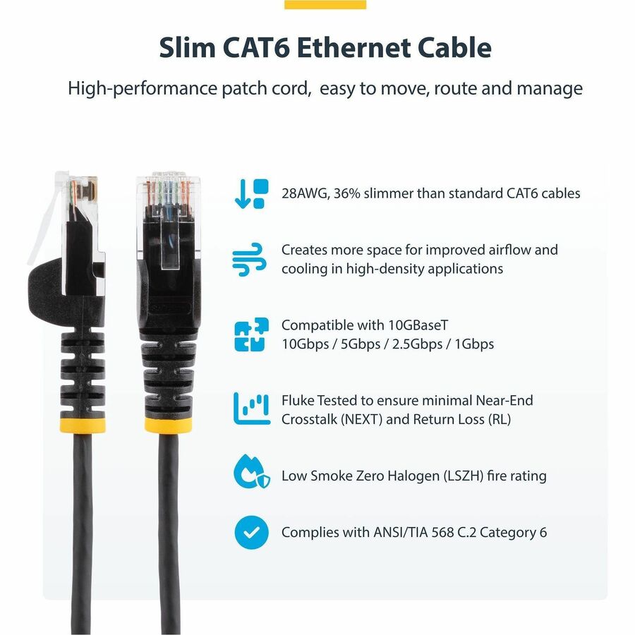 Alternate-Image1 Image for StarTech.com 6ft CAT6 Cable - Slim CAT6 Patch Cord - Black - Snagless RJ45 Connectors - Gigabit Ethernet Cable - 28 AWG - LSZH (N6PAT6BKS)