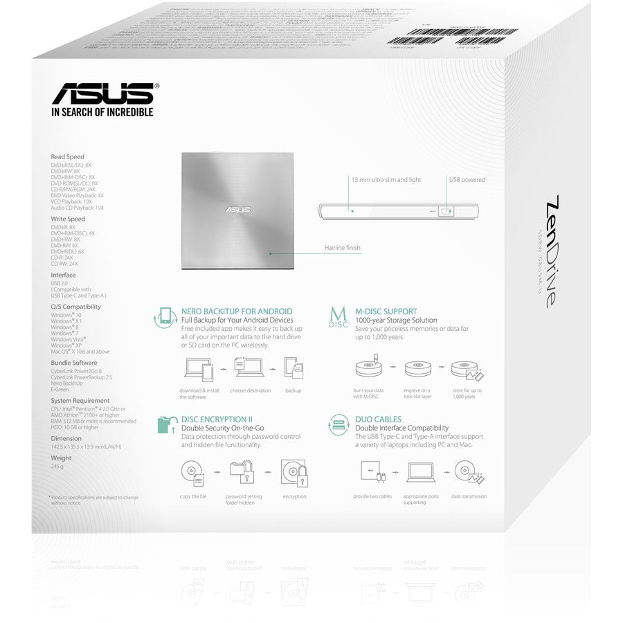 Alternate-Image5 Image for Asus ZenDrive SDRW-08U9M-U DVD-Writer - External - Silver