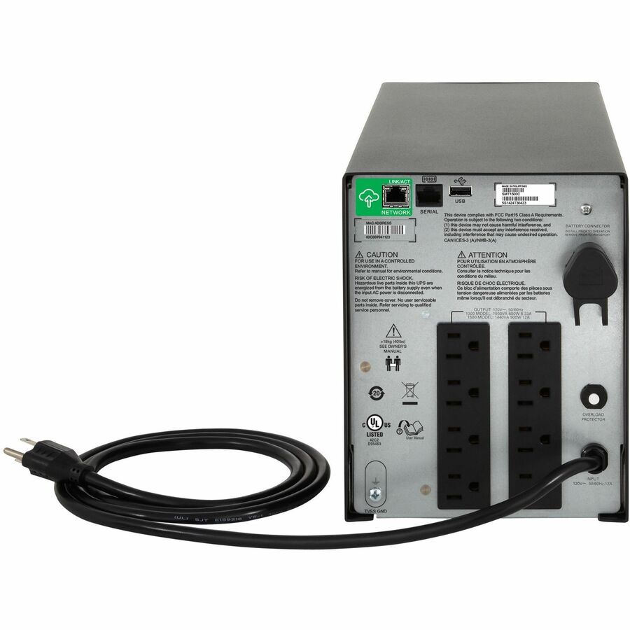 Rear Image for APC Smart-UPS C, Line Interactive, 1000VA, Tower, 120V, 8x NEMA 5-15R outlets, SmartConnect port, USB and Serial communication, AVR, Graphic LCD