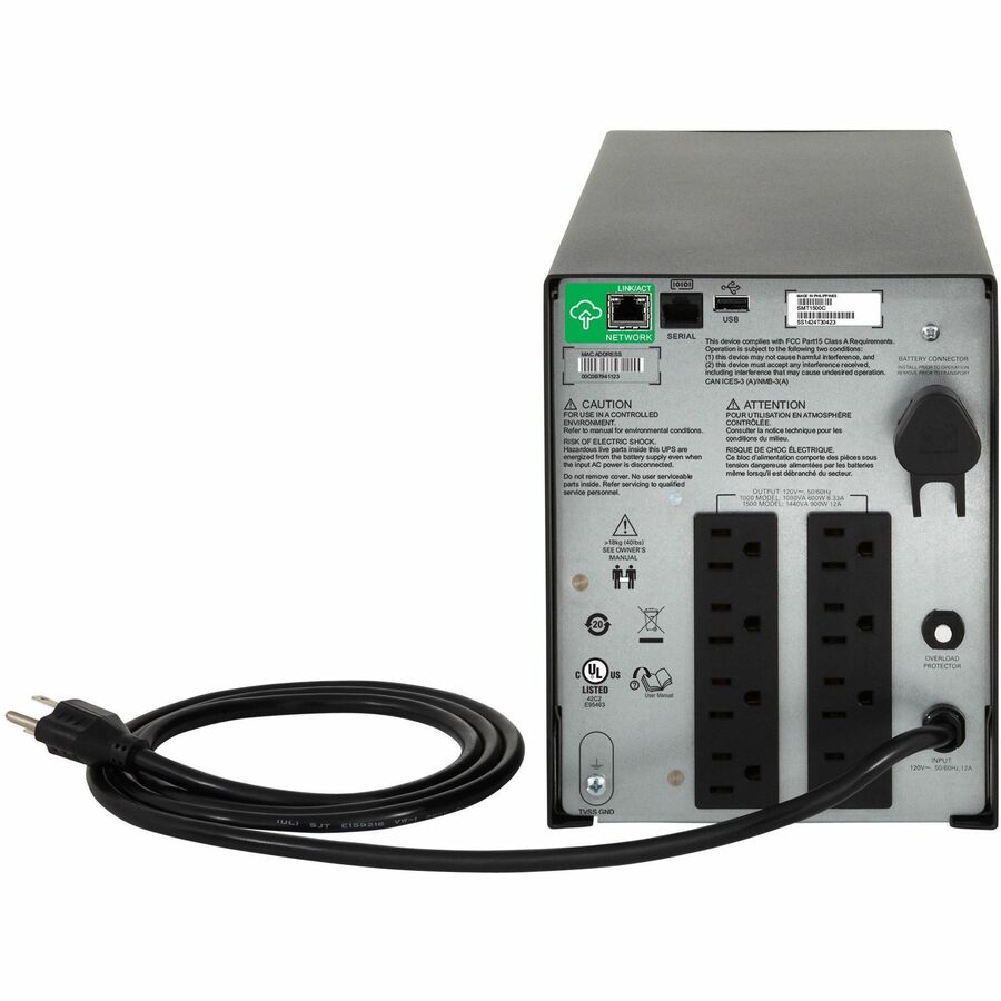 Rear Image for APC Smart-UPS C, Line Interactive, 1440VA, Tower, 120V, 8x NEMA 5-15R outlets, SmartConnect port, USB and Serial communication, AVR, Graphic LCD
