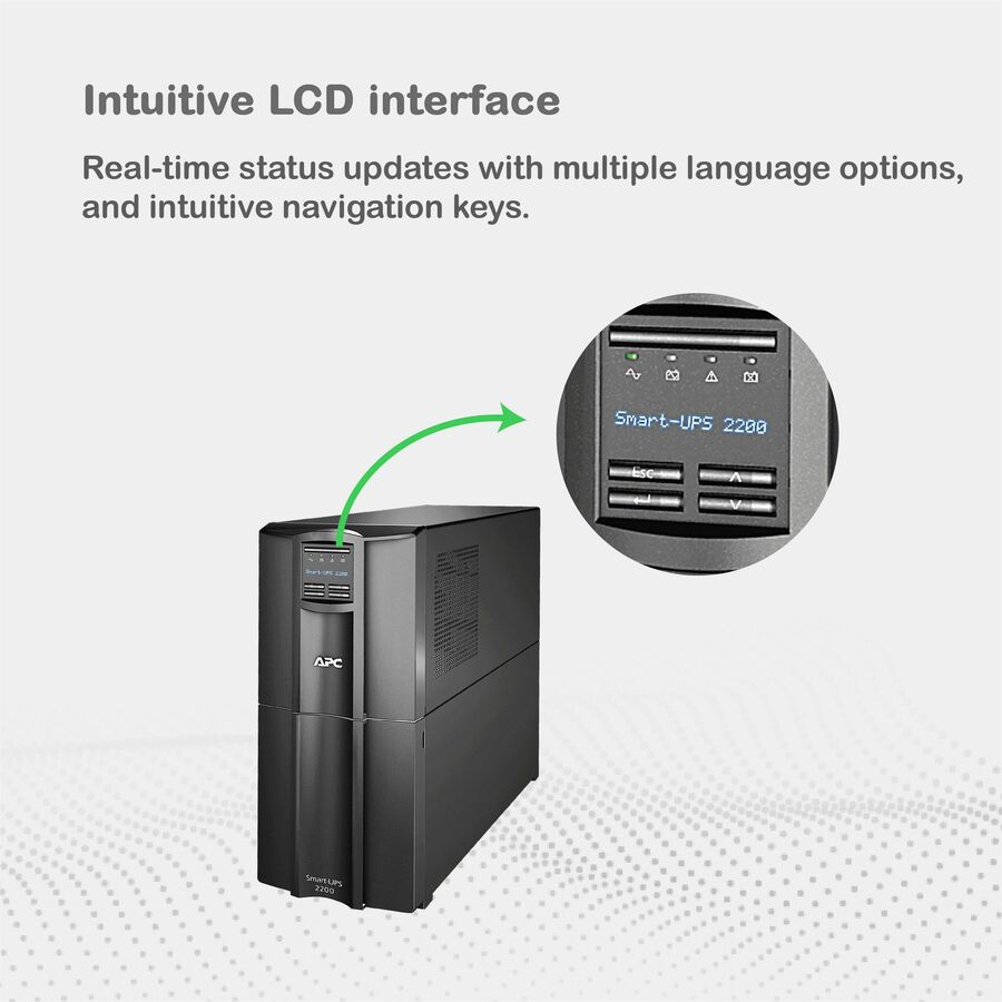 Alternate-Image1 Image for APC Smart-UPS, Line Interactive, 2200VA, Tower, 120V, 8x NEMA 5-15R+2x NEMA 5-20R outlets, SmartConnect Port+SmartSlot, AVR, LCD