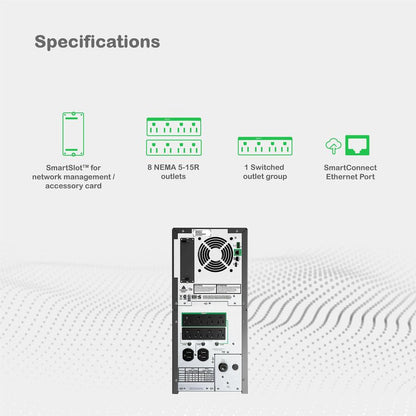 Alternate-Image3 Image for APC Smart-UPS, Line Interactive, 2200VA, Tower, 120V, 8x NEMA 5-15R+2x NEMA 5-20R outlets, SmartConnect Port+SmartSlot, AVR, LCD