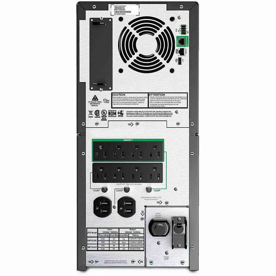 Rear Image for APC Smart-UPS, Line Interactive, 3kVA, Tower, 120V, 8 NEMA 5-15R+2 NEMA 5-20R outlets, SmartConnect Port+SmartSlot, AVR, LCD