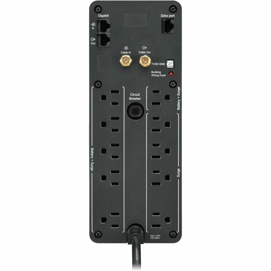 Rear Image for APC Back-UPS Pro, 1000VA/600W, Tower, 120V, 10x NEMA 5-15R outlets, Sine Wave, AVR, USB Type A + C ports, LCD, User Replaceable Battery