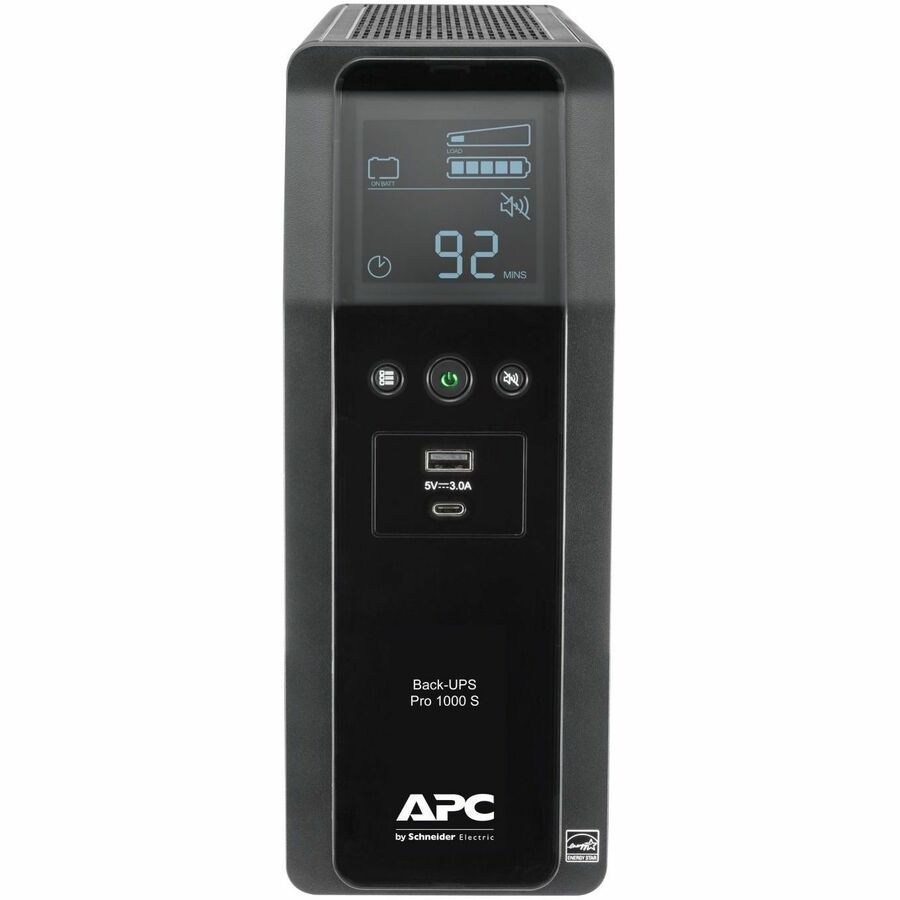 Front Image for APC Back-UPS Pro, 1000VA/600W, Tower, 120V, 10x NEMA 5-15R outlets, Sine Wave, AVR, USB Type A + C ports, LCD, User Replaceable Battery