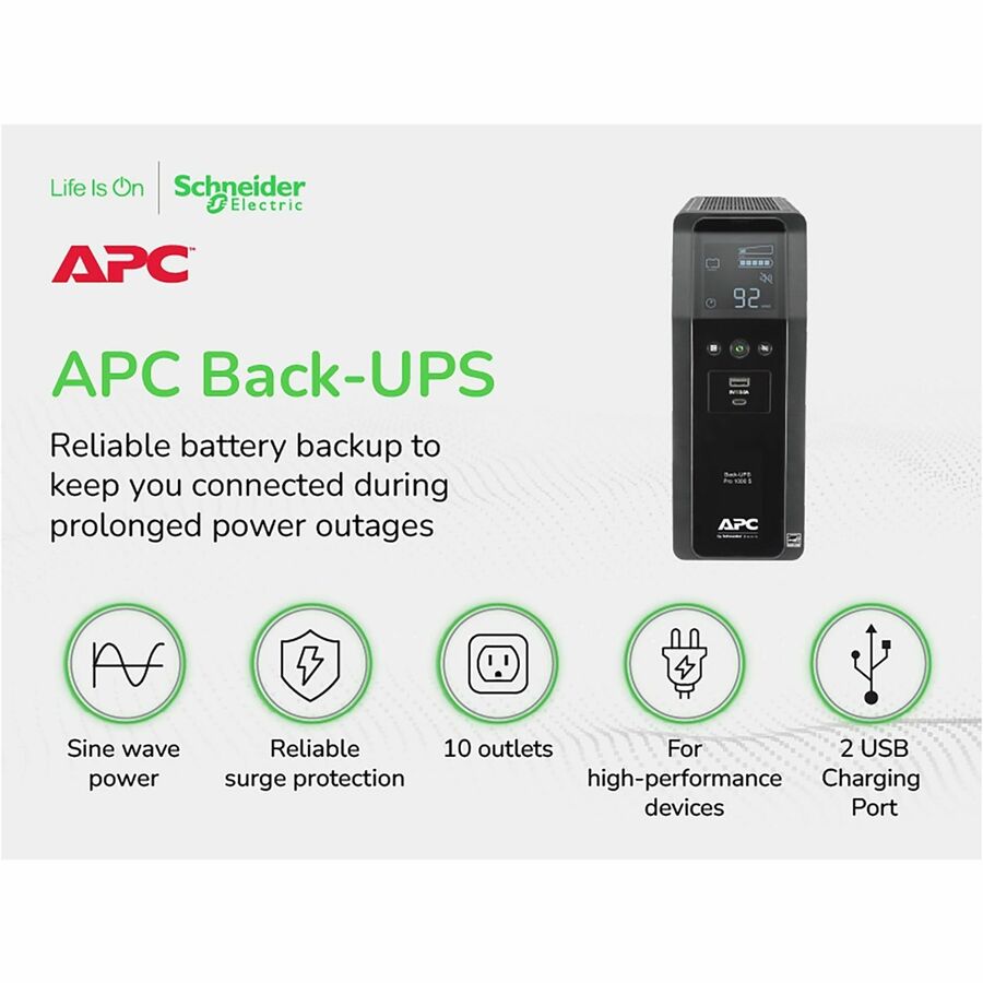Alternate-Image2 Image for APC Back-UPS Pro, 1000VA/600W, Tower, 120V, 10x NEMA 5-15R outlets, Sine Wave, AVR, USB Type A + C ports, LCD, User Replaceable Battery