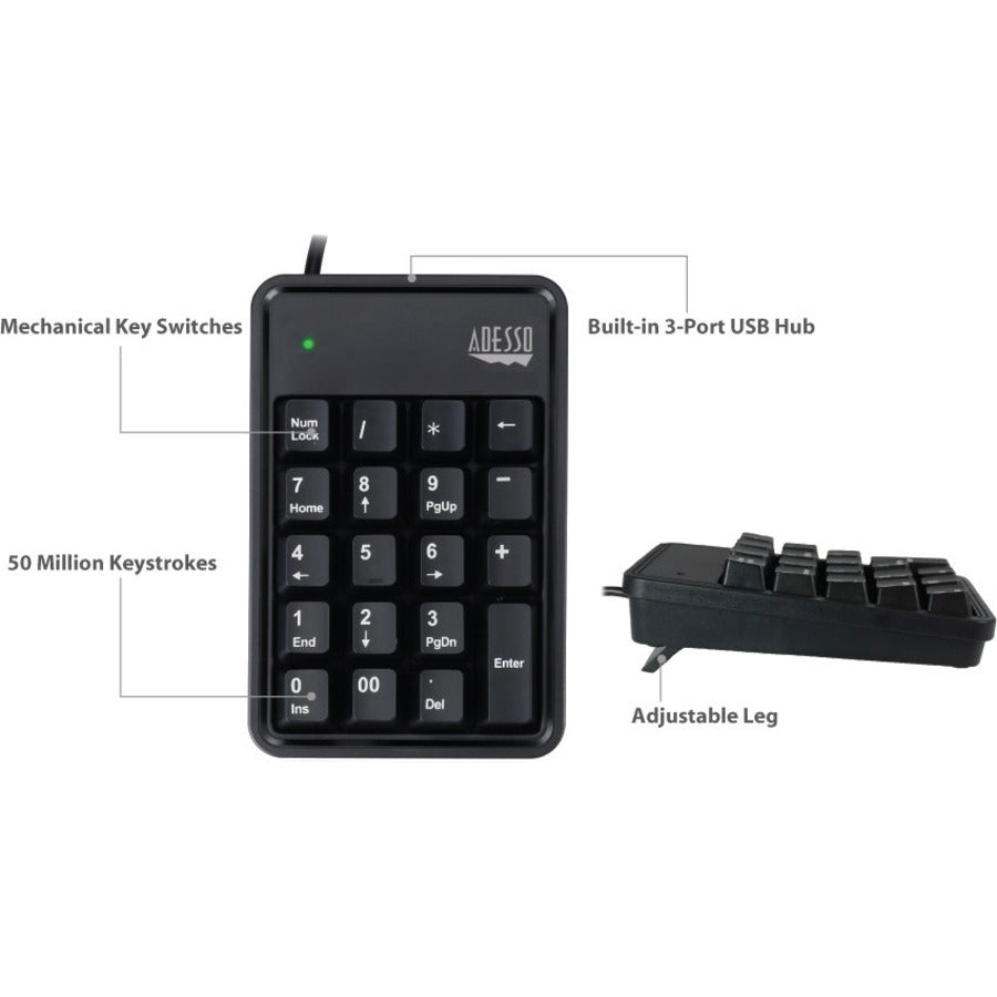 Alternate-Image7 Image for Adesso 19-Key Mechanical Keypad with 3-Port USB Hub