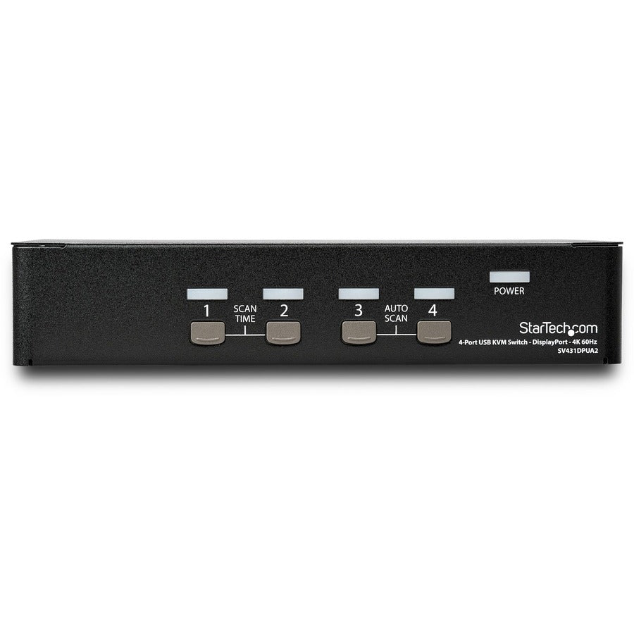 Front Image for StarTech.com 4 Port DisplayPort KVM Switch - 4K 60Hz - Single Display - UHD DP 1.2 USB KVM Switch with USB 2.0 Hub & Audio - TAA Compliant