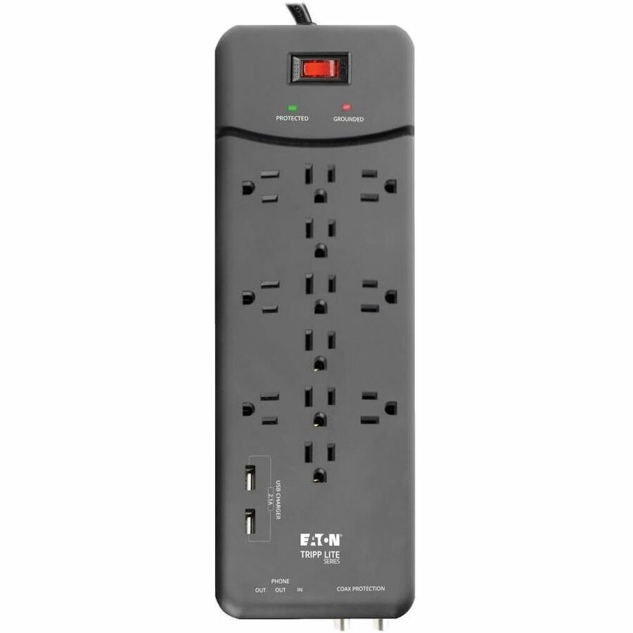 Alternate-Image5 Image for Eaton Tripp Lite Series Protect It! 12-Outlet Surge Protector, 8 ft. (2.43 m) Cord, 4320 Joules, Tel/Modem/Coax Protection, 2 USB Ports, Black