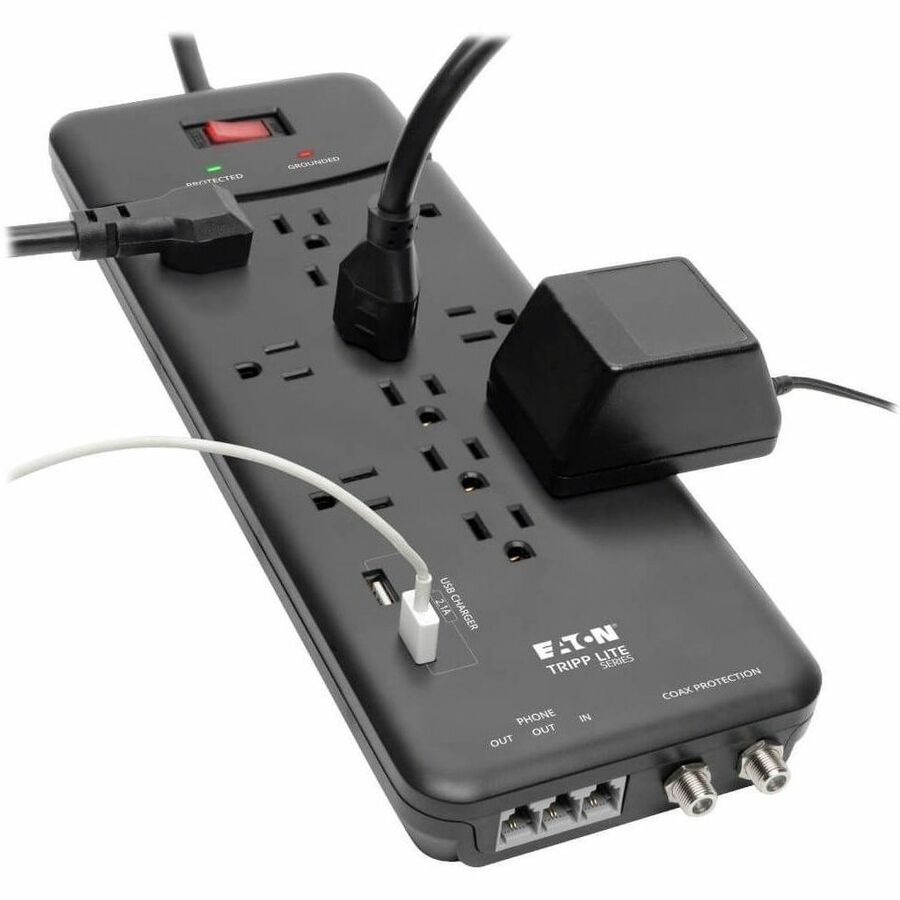 Alternate-Image6 Image for Eaton Tripp Lite Series Protect It! 12-Outlet Surge Protector, 8 ft. (2.43 m) Cord, 4320 Joules, Tel/Modem/Coax Protection, 2 USB Ports, Black