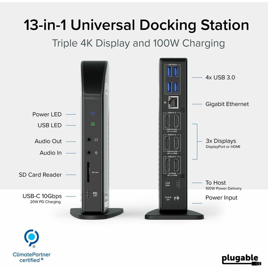 Alternate-Image1 Image for Plugable 4K USB C Docking Station Triple Monitor with 100W Power Delivery, USB C Dock for Thunderbolt 3/4, and USB-C Windows and Mac