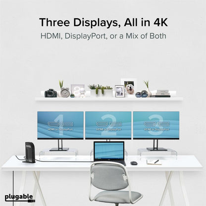 Alternate-Image2 Image for Plugable 4K USB C Docking Station Triple Monitor with 100W Power Delivery, USB C Dock for Thunderbolt 3/4, and USB-C Windows and Mac