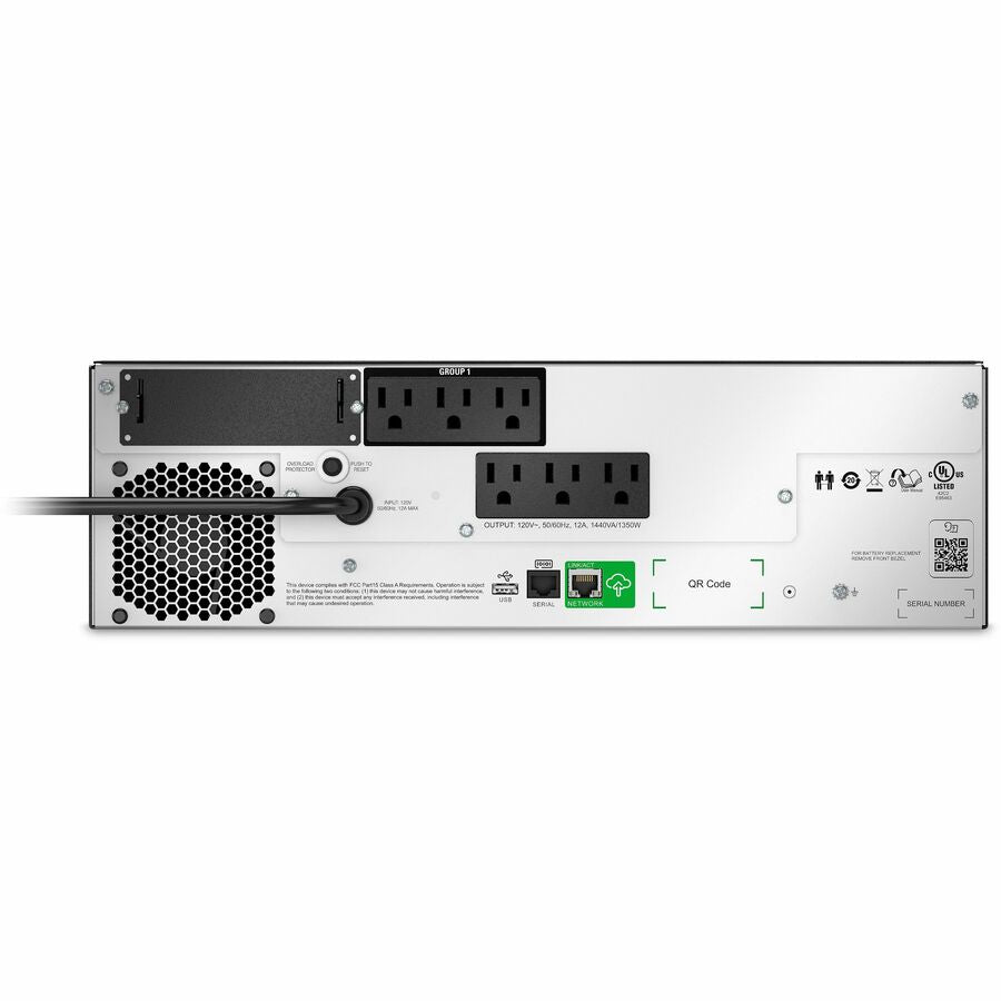 Rear Image for APC Smart-UPS, Line Interactive, 1500VA, Lithium-ion, Rackmount 3U, 120V, 6x NEMA 5-15R outlets, SmartConnect Port+SmartSlot, Short Depth, AVR, LCD