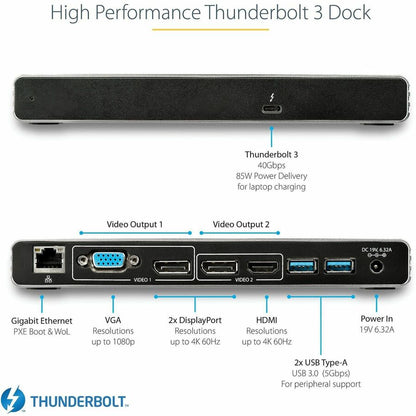 Alternate-Image1 Image for StarTech.com Thunderbolt 3 Dock, Dual 4K 60Hz Monitor TB3 Docking Station with DisplayPort, HDMI & 1080p VGA, 85W Power Delivery, TAA