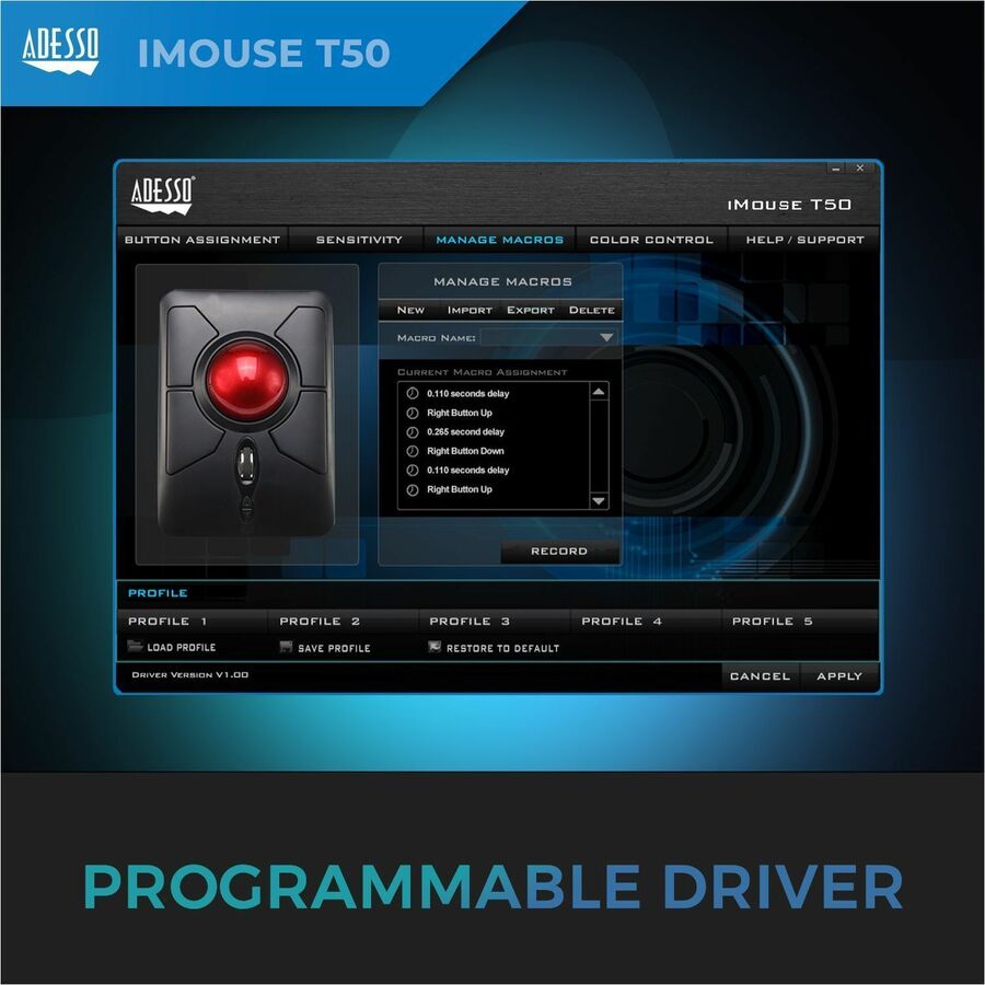 Alternate-Image2 Image for Adesso iMouse T50 Wireless Programmable Ergonomic Trackball Mouse