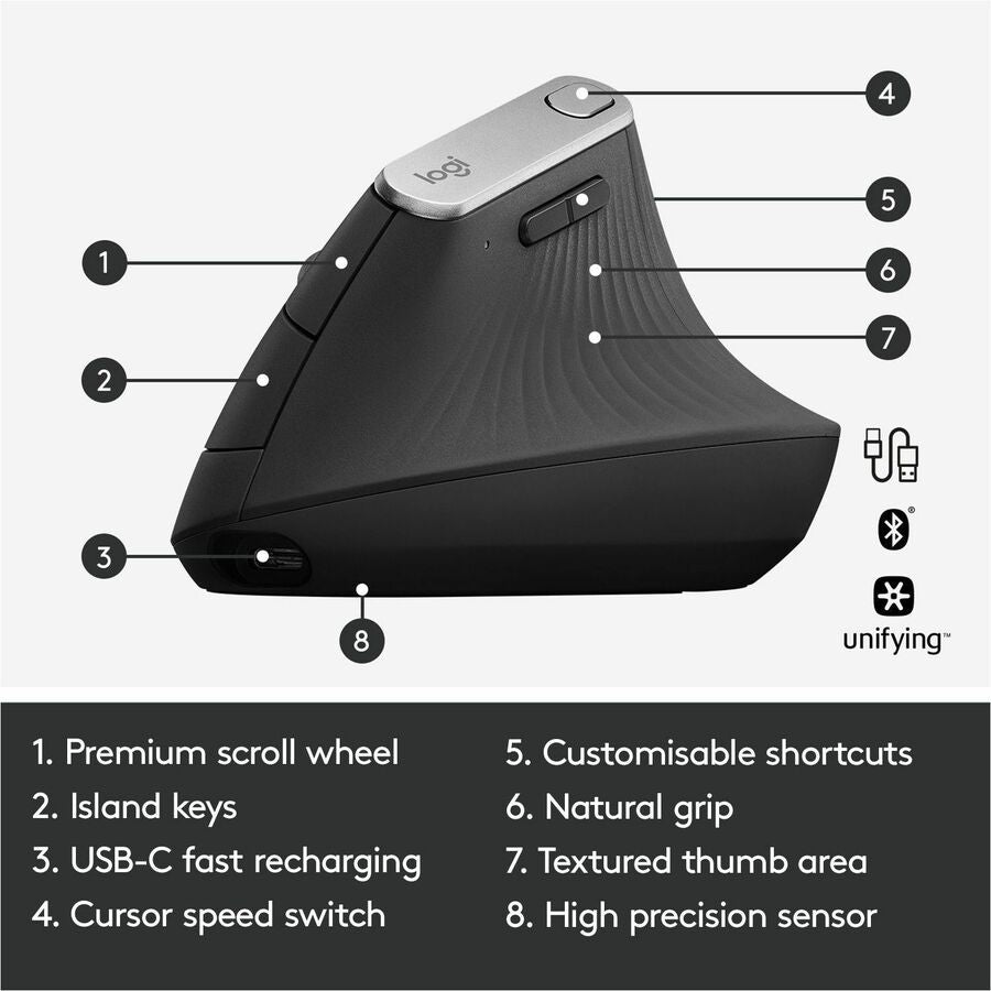 Alternate-Image5 Image for Logitech MX Vertical Wireless Mouse - Ergonomic Design Reduces Muscle Strain, Rechargeable, Graphite