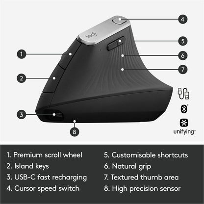Alternate-Image5 Image for Logitech MX Vertical Wireless Mouse - Ergonomic Design Reduces Muscle Strain, Rechargeable, Graphite