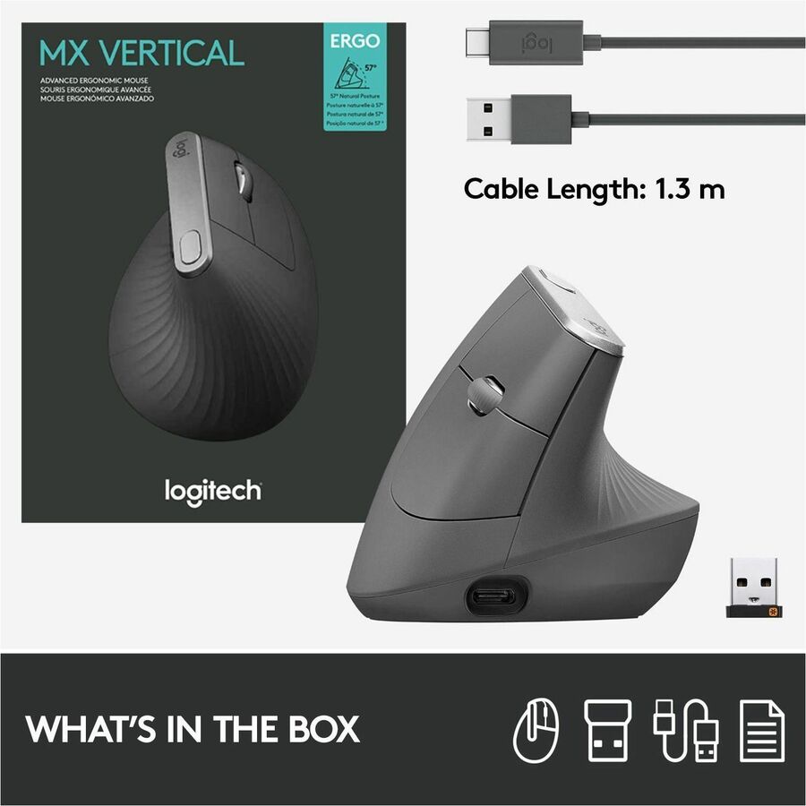 Alternate-Image8 Image for Logitech MX Vertical Wireless Mouse - Ergonomic Design Reduces Muscle Strain, Rechargeable, Graphite