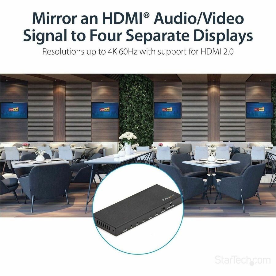 Alternate-Image1 Image for StarTech.com 4 Port HDMI Splitter - 4K 60Hz - 1x4 Way HDMI 2.0 Splitter - HDR - ST124HD202