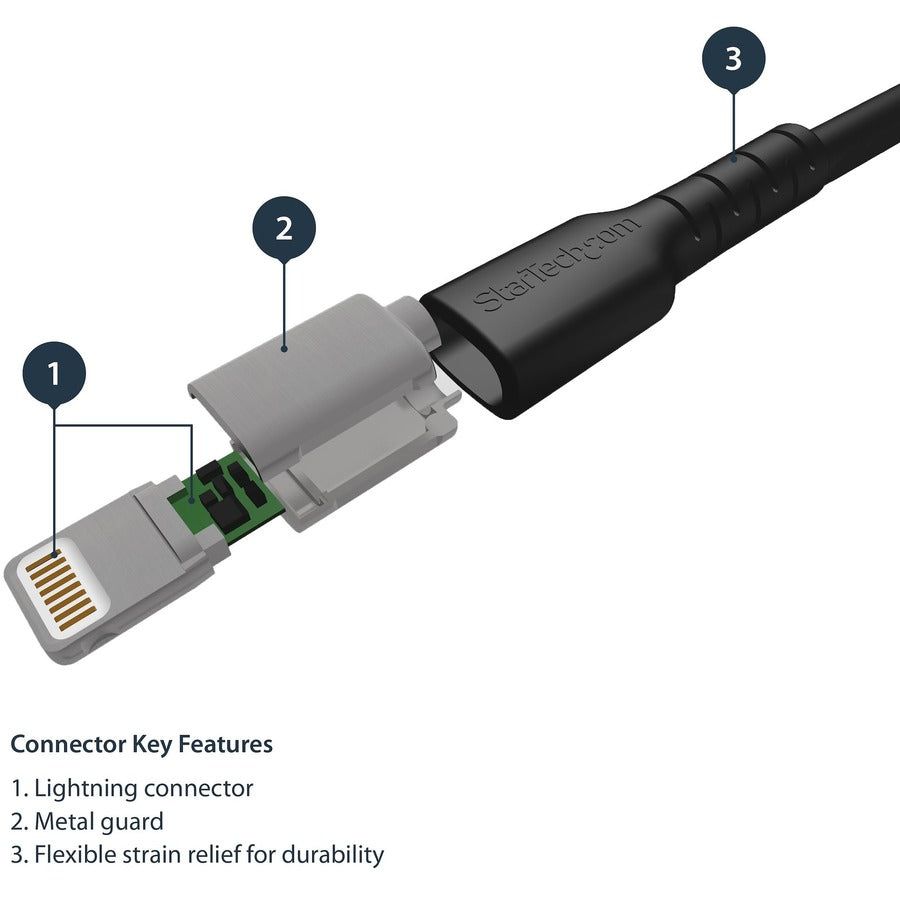 Alternate-Image2 Image for StarTech.com 6 foot/2m Durable Black USB-A to Lightning Cable, Rugged Heavy Duty Charging/Sync Cable for Apple iPhone/iPad MFi Certified