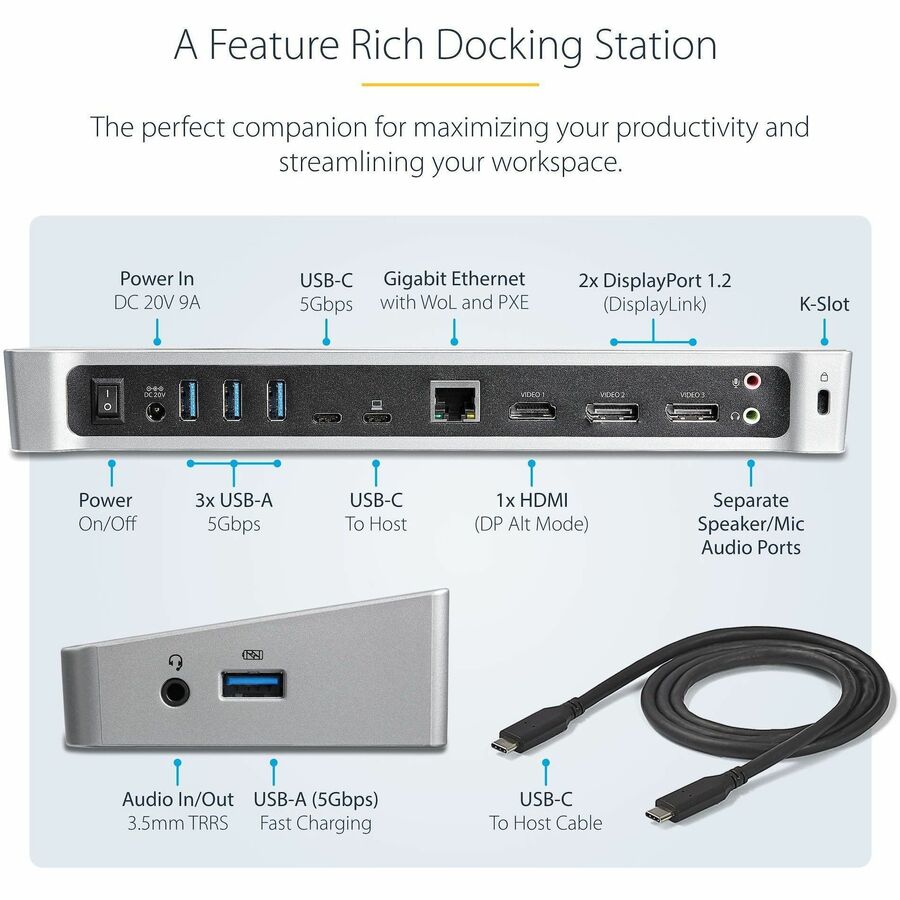 Alternate-Image2 Image for StarTech.com 4K USB-C Dock, Triple UHD 4K Monitor Docking Station, Mac & Windows, HDMI & DisplayPort, 100W PD, 5x USB 5Gbps Hub, TAA