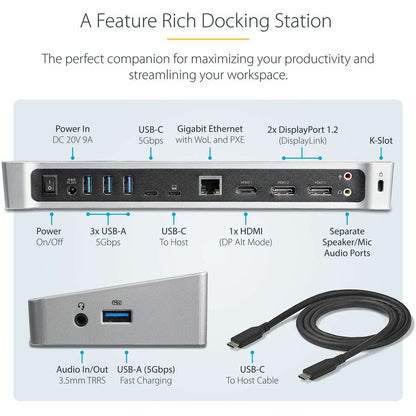 Alternate-Image2 Image for StarTech.com 4K USB-C Dock, Triple UHD 4K Monitor Docking Station, Mac & Windows, HDMI & DisplayPort, 100W PD, 5x USB 5Gbps Hub, TAA