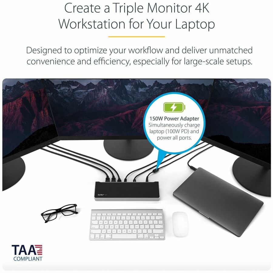 Alternate-Image1 Image for StarTech.com 4K USB-C Dock, Triple UHD 4K Monitor Docking Station, Mac & Windows, HDMI & DisplayPort, 100W PD, 5x USB 5Gbps Hub, TAA