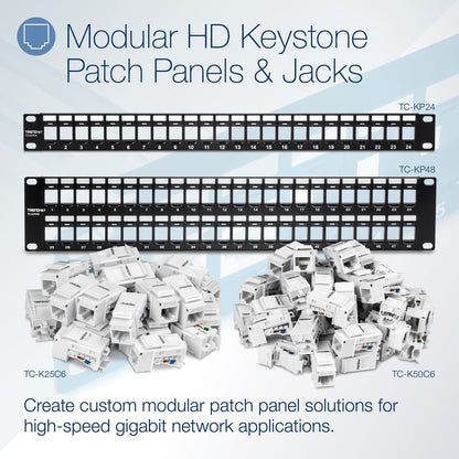 Alternate-Image7 Image for TRENDnet 24-Port Blank Keystone 1U Patch Panel, 1U 19" Metal Rackmount Housing, Recommended With TC-K25C6 & TC-K50C6 Cat6 Keystone Jacks (Sold Separately), Black, TC-KP24