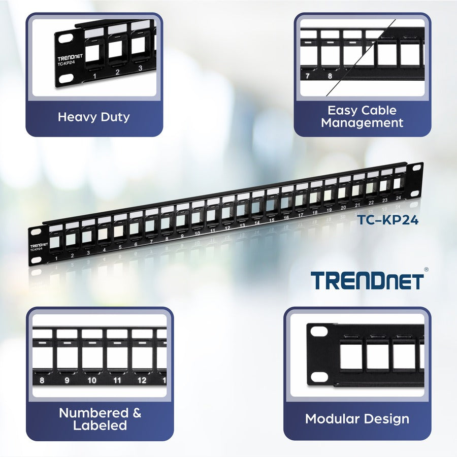 Alternate-Image5 Image for TRENDnet 24-Port Blank Keystone 1U Patch Panel, 1U 19" Metal Rackmount Housing, Recommended With TC-K25C6 & TC-K50C6 Cat6 Keystone Jacks (Sold Separately), Black, TC-KP24
