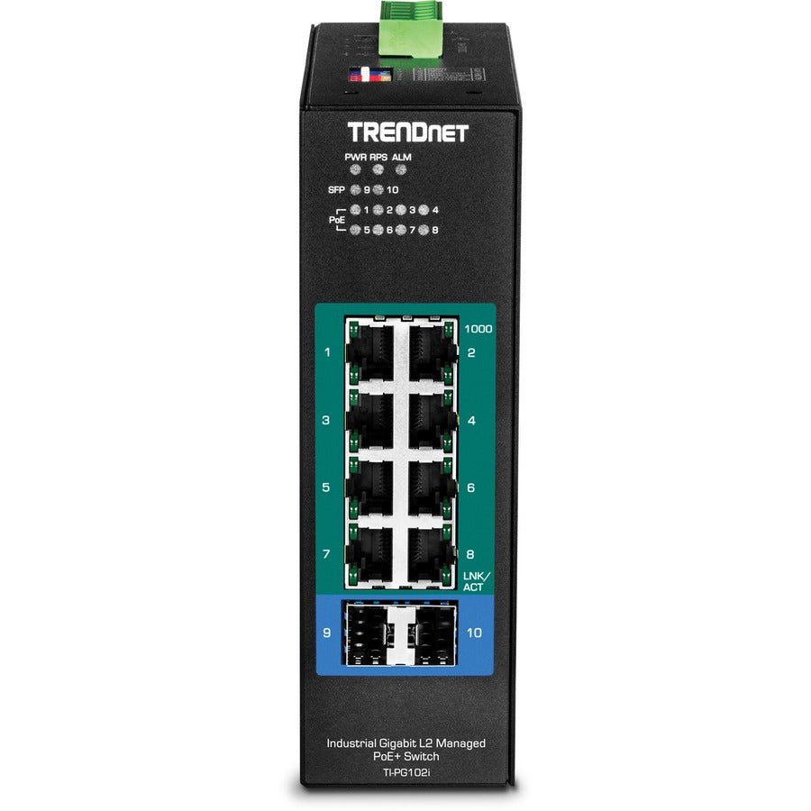Alternate-Image3 Image for TRENDnet 10-Port Industrial Gigabit L2 Managed PoE+ DIN-Rail Switch, 8 x Gigabit PoE+ Ports, DIN-Rail Mount, 2 x SFP Slots, 2457V DC Power Input, IP30, VLAN, Lifetime Protection, Black, TI-PG102i