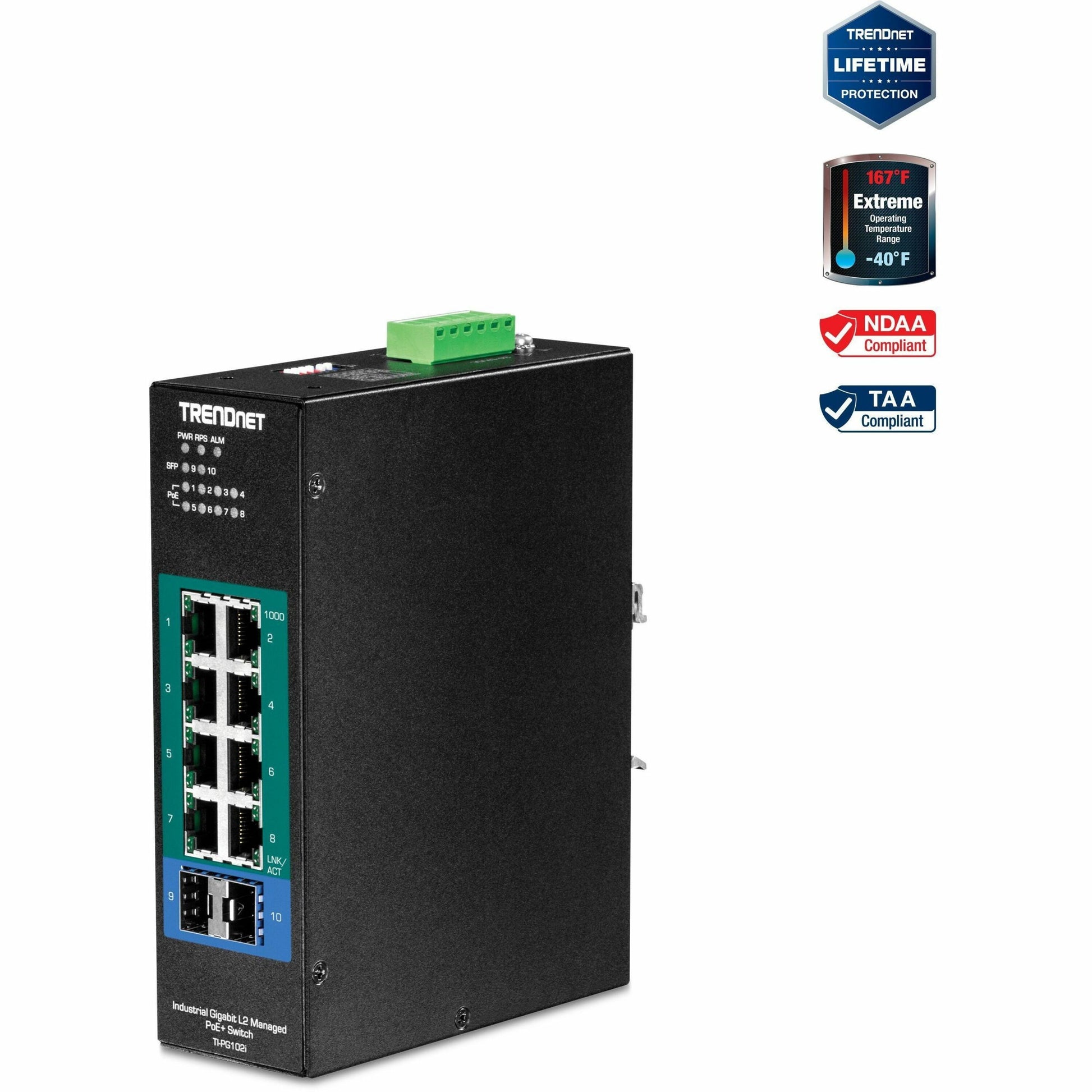 Main Image for TRENDnet 10-Port Industrial Gigabit L2 Managed PoE+ DIN-Rail Switch, 8 x Gigabit PoE+ Ports, DIN-Rail Mount, 2 x SFP Slots, 2457V DC Power Input, IP30, VLAN, Lifetime Protection, Black, TI-PG102i
