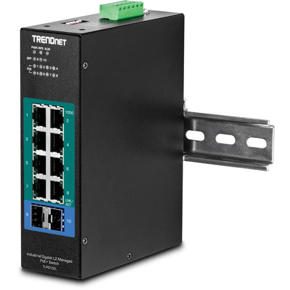 Alternate-Image2 Image for TRENDnet 10-Port Industrial Gigabit L2 Managed PoE+ DIN-Rail Switch, 8 x Gigabit PoE+ Ports, DIN-Rail Mount, 2 x SFP Slots, 2457V DC Power Input, IP30, VLAN, Lifetime Protection, Black, TI-PG102i