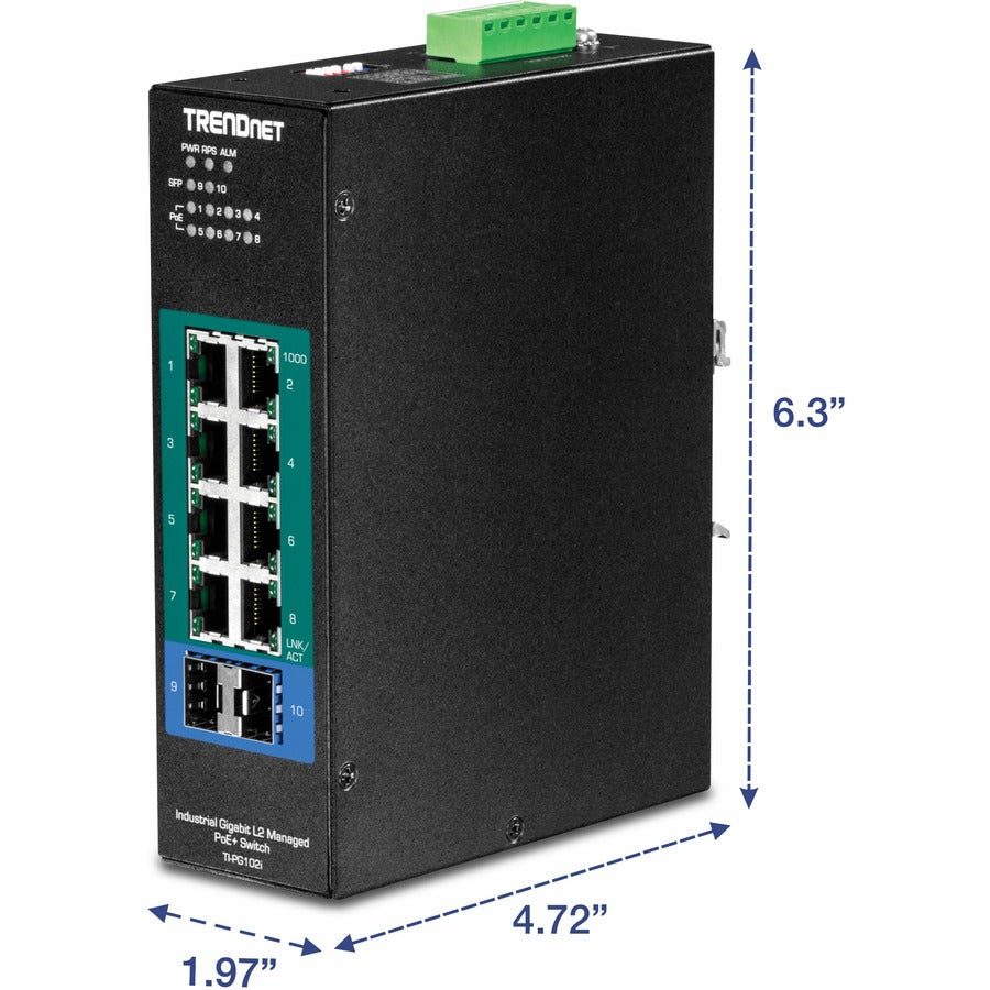 Alternate-Image6 Image for TRENDnet 10-Port Industrial Gigabit L2 Managed PoE+ DIN-Rail Switch, 8 x Gigabit PoE+ Ports, DIN-Rail Mount, 2 x SFP Slots, 2457V DC Power Input, IP30, VLAN, Lifetime Protection, Black, TI-PG102i
