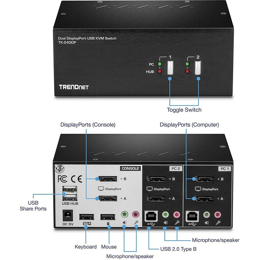 Alternate-Image2 Image for TRENDnet 2-Port Dual Monitor DisplayPort KVM Switch With Audio, 2-Port USB 2.0 Hub, 4K UHD Resolutions Up To 3840 x 2160, Connect Two DisplayPort Monitors, Dual Monitor KVM Switch, Black, TK-240DP