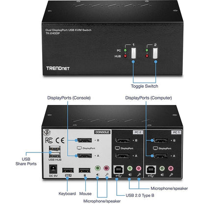 Alternate-Image2 Image for TRENDnet 2-Port Dual Monitor DisplayPort KVM Switch With Audio, 2-Port USB 2.0 Hub, 4K UHD Resolutions Up To 3840 x 2160, Connect Two DisplayPort Monitors, Dual Monitor KVM Switch, Black, TK-240DP