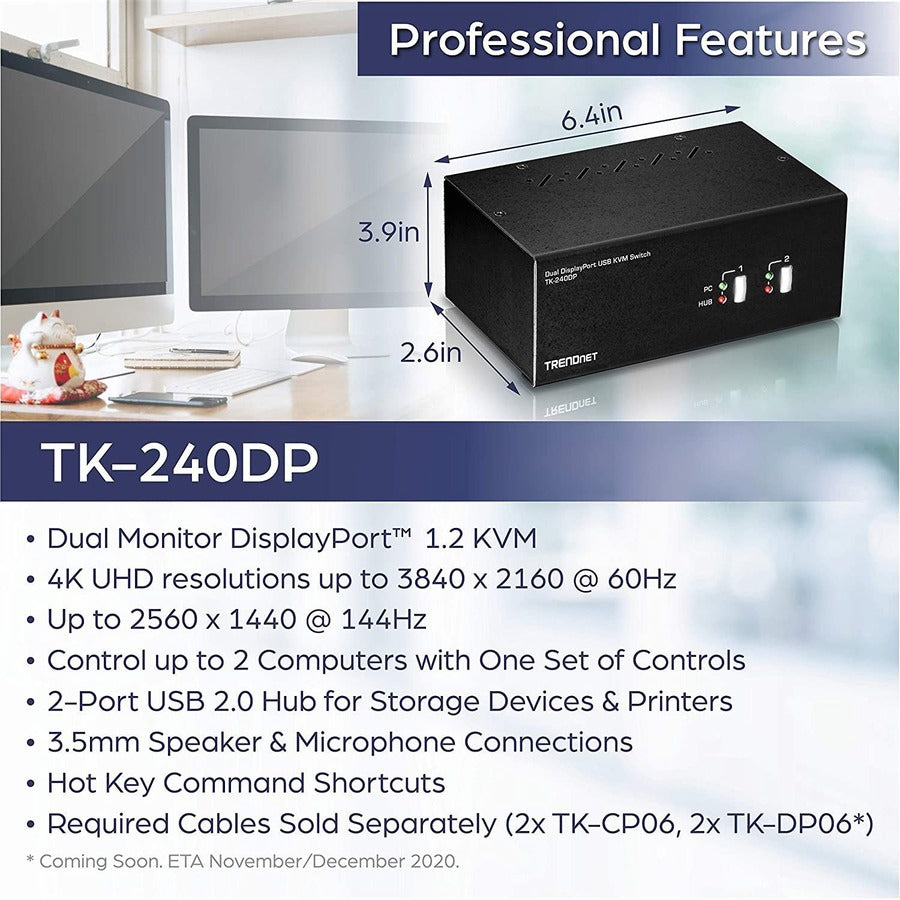 Alternate-Image4 Image for TRENDnet 2-Port Dual Monitor DisplayPort KVM Switch With Audio, 2-Port USB 2.0 Hub, 4K UHD Resolutions Up To 3840 x 2160, Connect Two DisplayPort Monitors, Dual Monitor KVM Switch, Black, TK-240DP