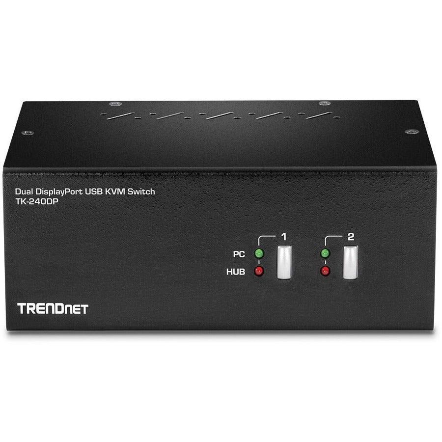 Front Image for TRENDnet 2-Port Dual Monitor DisplayPort KVM Switch With Audio, 2-Port USB 2.0 Hub, 4K UHD Resolutions Up To 3840 x 2160, Connect Two DisplayPort Monitors, Dual Monitor KVM Switch, Black, TK-240DP