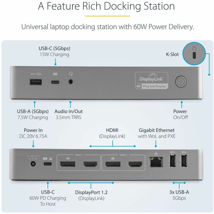 Alternate-Image2 Image for StarTech.com Universal Laptop Docking Station, Hybrid USB-C & USB-A Dock, Dual 4K DP & HDMI, 60W PD, Mac / Windows / Chrome OS, GbE
