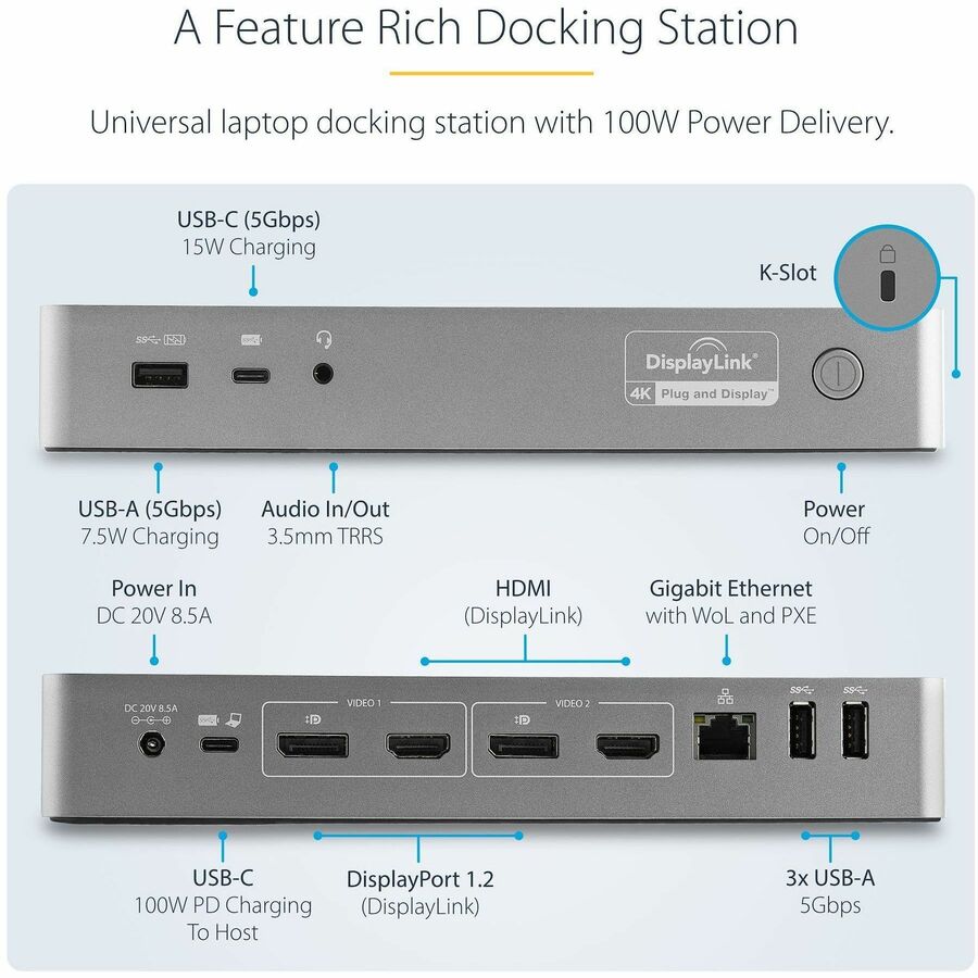 Alternate-Image2 Image for StarTech.com Universal Laptop Docking Station, Hybrid USB-C & USB-A Dock, Dual 4K DP & HDMI, 100W PD, Mac / Windows / Chrome OS, GbE