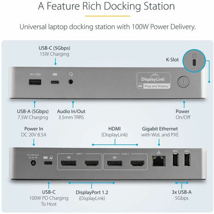 Alternate-Image2 Image for StarTech.com Universal Laptop Docking Station, Hybrid USB-C & USB-A Dock, Dual 4K DP & HDMI, 100W PD, Mac / Windows / Chrome OS, GbE