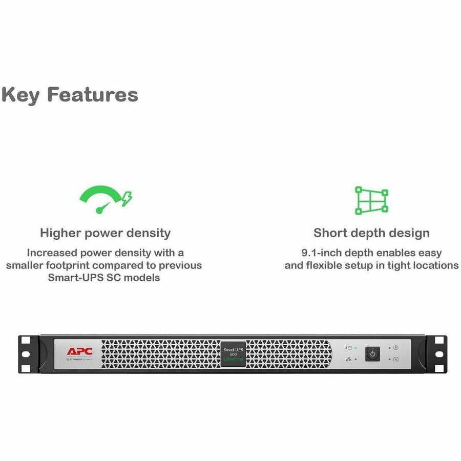 Alternate-Image2 Image for APC Smart-UPS, Line Interactive, 500VA, Lithium-ion, Rackmount 1U, 120V, 4x NEMA 5-15R outlets, Network Card, Short Depth