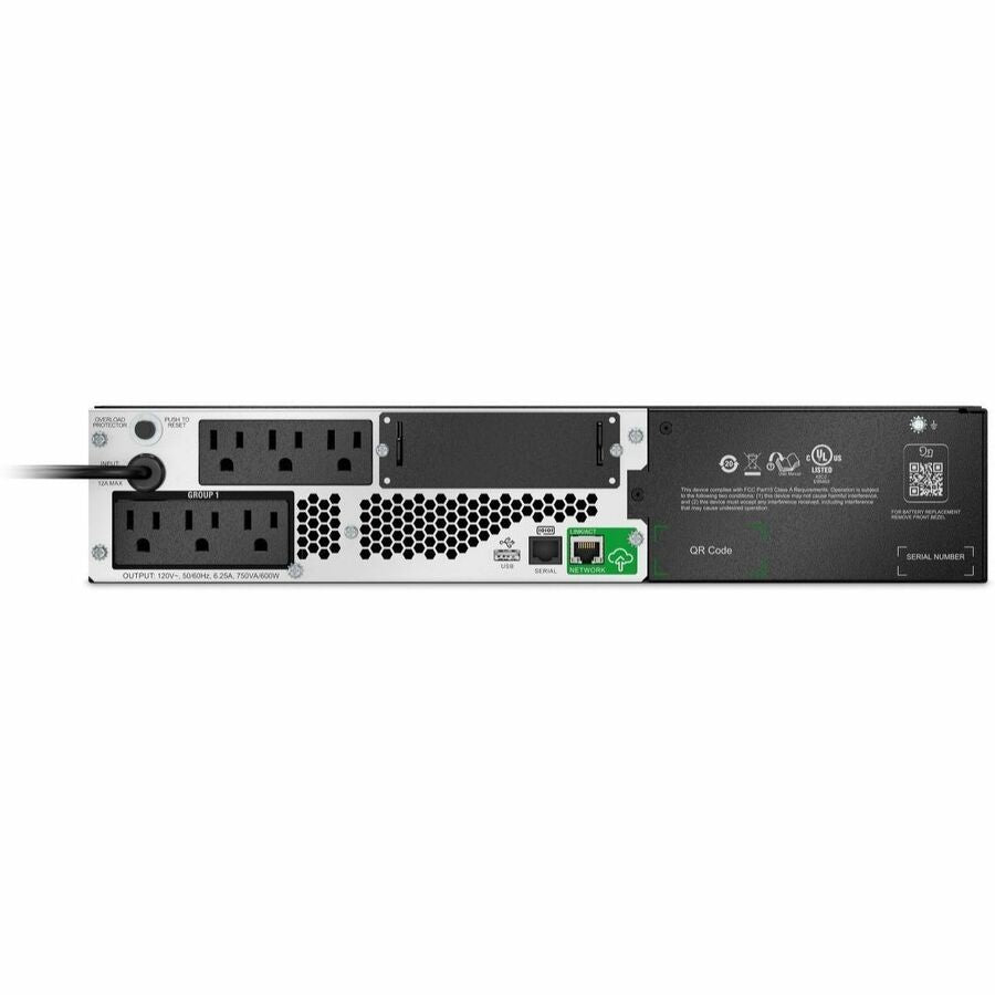 Rear Image for APC Smart-UPS, Line Interactive, 750VA, Lithium-ion, Rackmount 2U, 120V, 6x NEMA 5-15R outlets, SmartConnect Port+SmartSlot, Short Depth, AVR, LCD